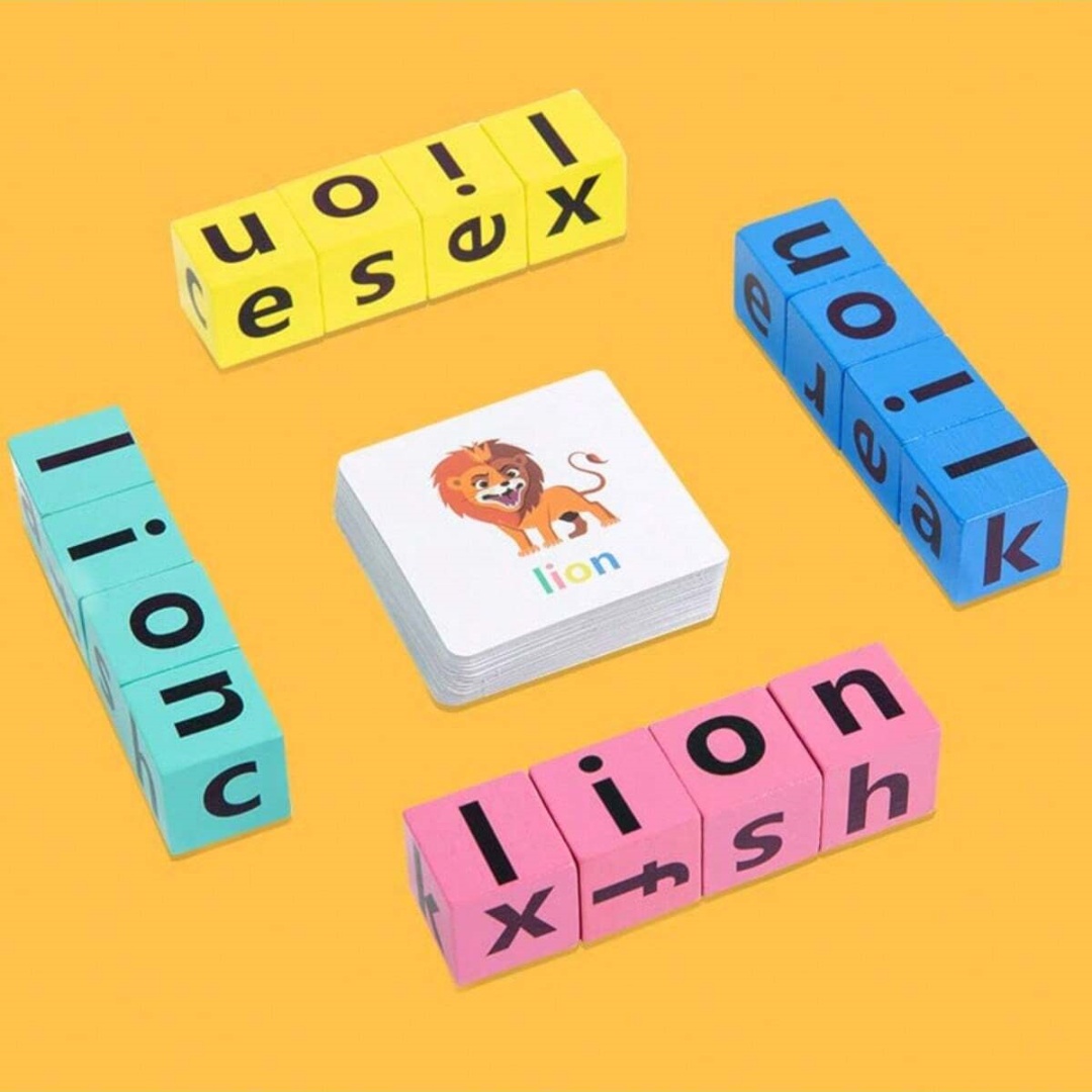 Board Game Education - 子供用アルファベットスペルボードゲーム、16文字ブロック+40枚の単語カード、家族向け英語啓発教育玩具、家族の集まりやギフトに最適。