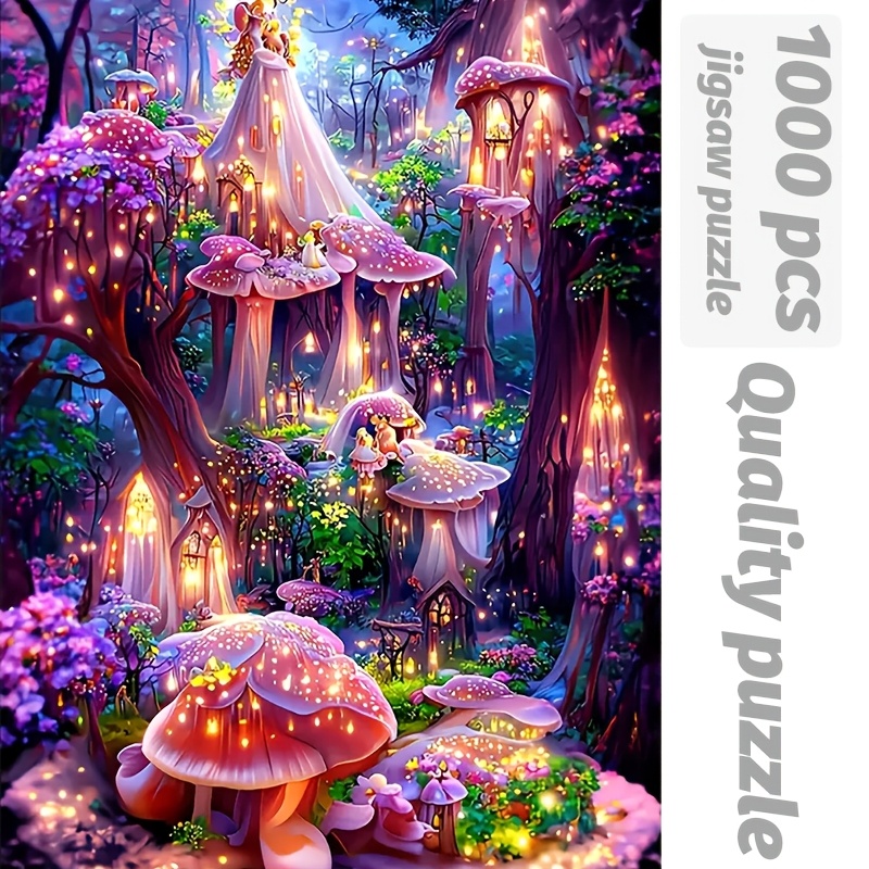 Jigsaw Puzzle Adult - 大人向け魔法の森ジグソーパズル1000ピース - 光る提灯が付いた魔法のキノコと提灯のシーン、耐久性のあるポータブルD