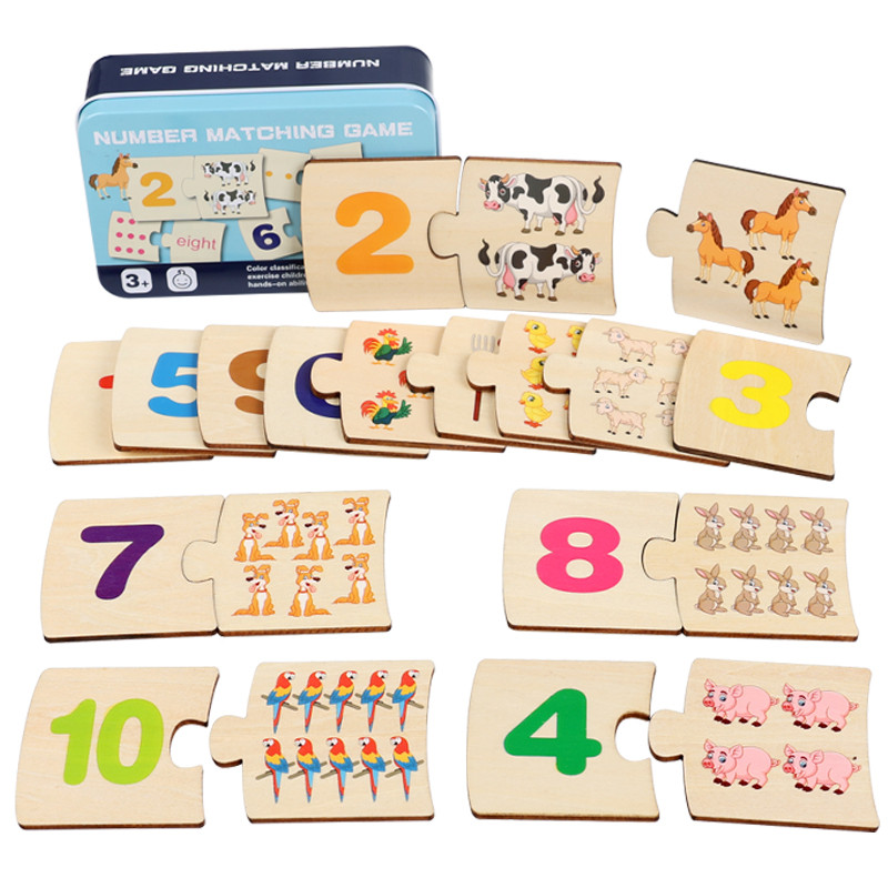 Board Game Education - 子供向け鉄箱ナンバー啓発ペアリング木製動物フードパズルボード論理的思考トレーニングゲーム知育玩具