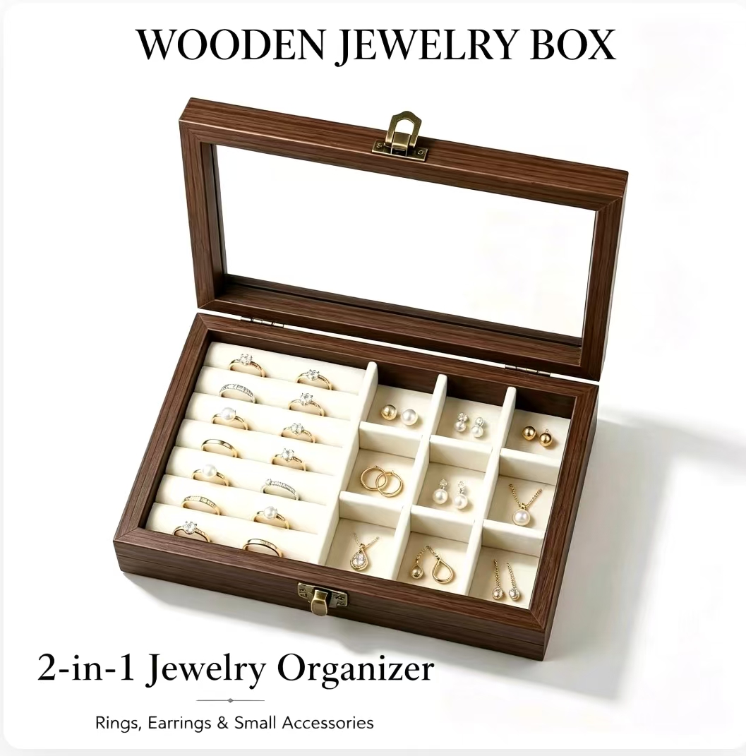Token Tray Organizer - 寝室用デスクトップウォールナット柄ベルベットジュエリーオーガナイザー、韓国製ハードジュエリー収納ボックス（ネックレス、イヤリング、指輪用）